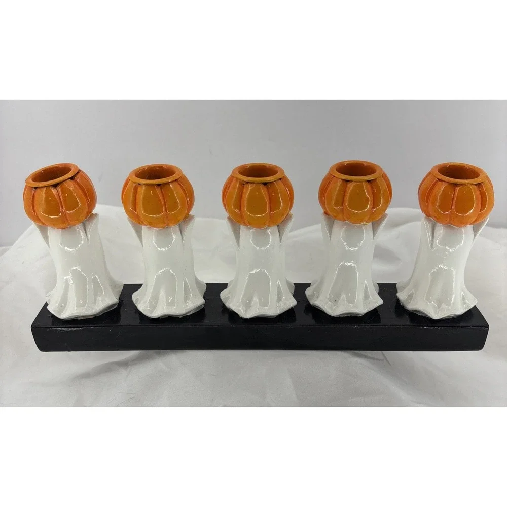 Hallow Home Tabletop 5 Ghosts & Pumpkins Halloween Taper Candlestick Holder